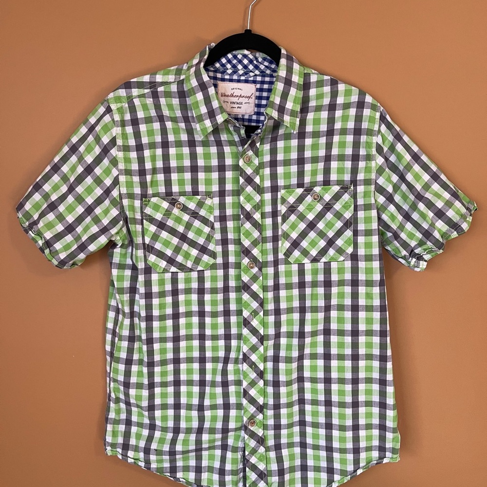 Green and Grey Plaid Short Sleeve Button Up